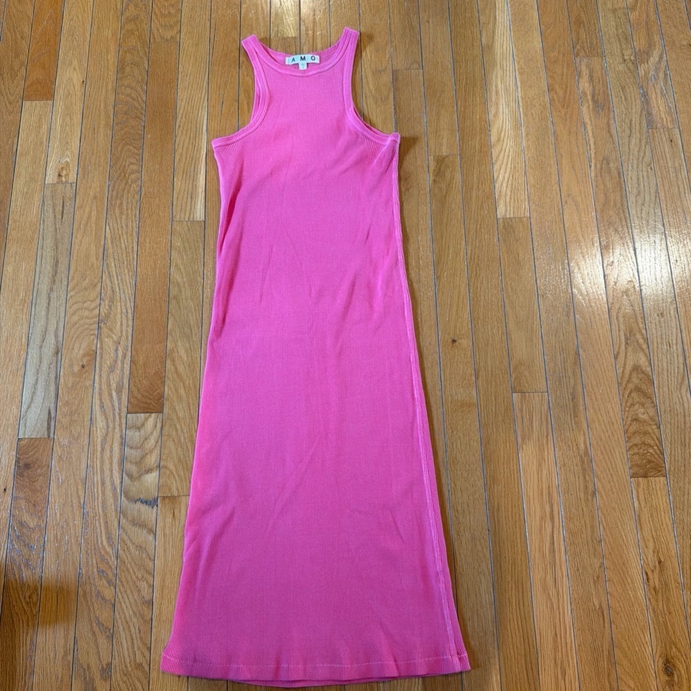 AMO Ribbed Midi Tank Sleeveless Dress Pink 100% Cotton Size Small - Picture 2 of 5